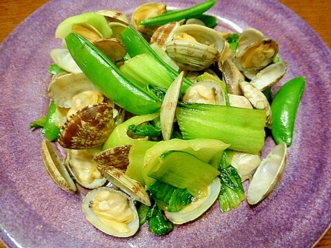 簡単　スナップえんどうと青梗菜とアサリの炒め物